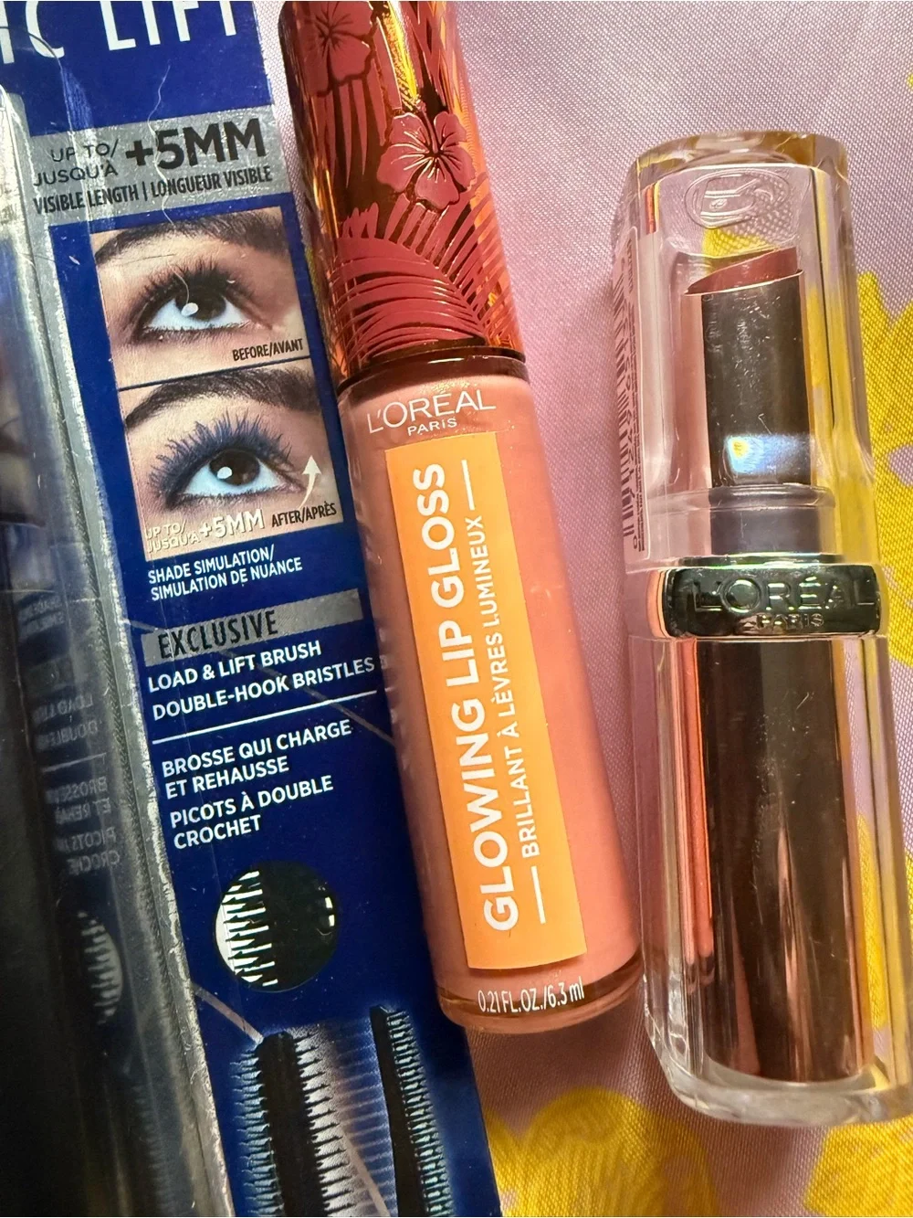 L'Oreal Telescopic Lift Mascara with Peach Glowing Lip Gloss and Nude Lipstick
